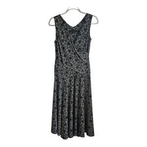 Adrianna Dress Womens 6P Black Sleeveless Midi Geometric V-Neck Stretch Ruching